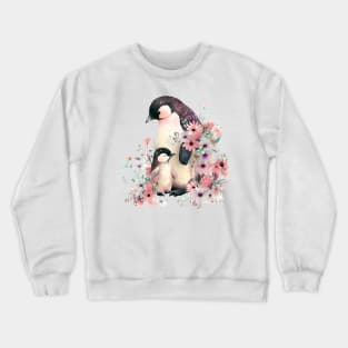 Cute penguin with baby and flowers Crewneck Sweatshirt